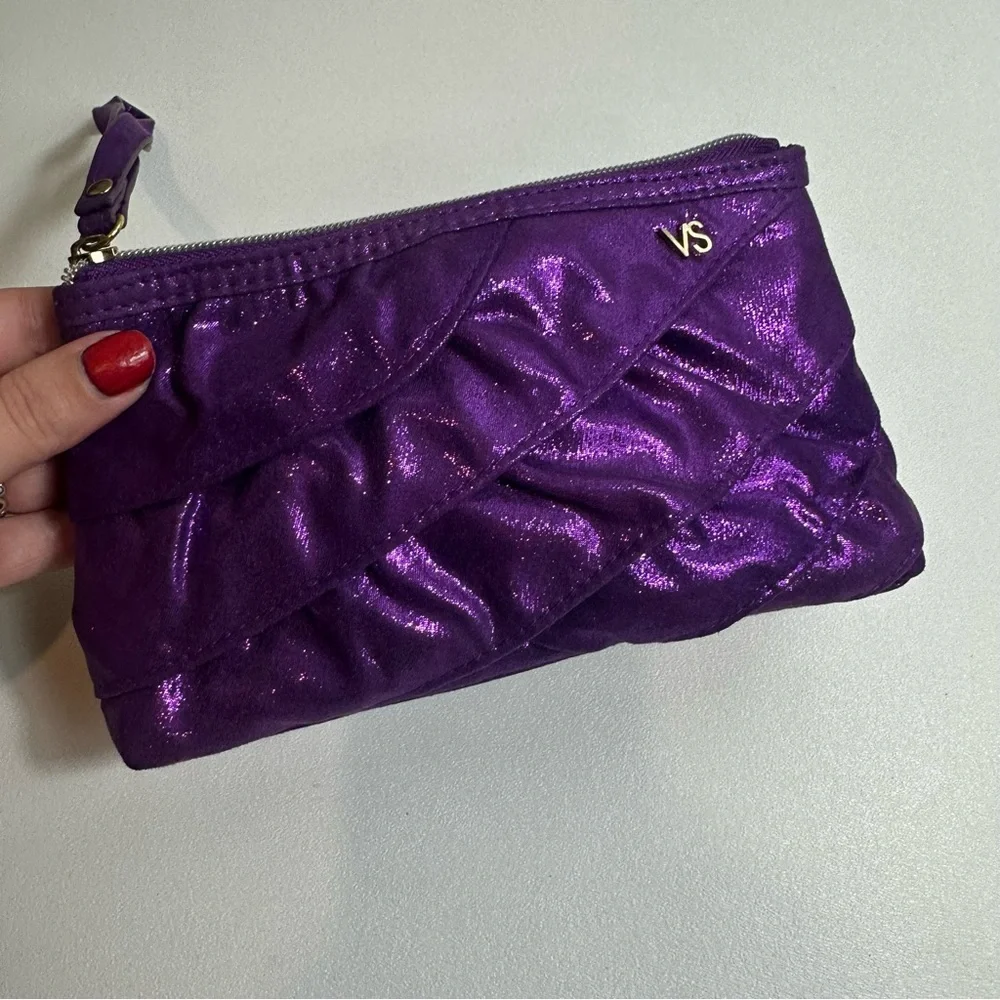 Victorias Secret Metallic Purple Shimmer Ruffle Makeup Bag Case Pouch